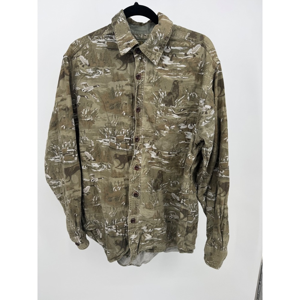 Eddie Bauer Mens Hunting Dog Duck Print Flannel Shirt Olive Green Large 04402